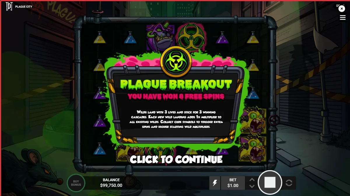 Ilustrasi ilmuwan bertopeng di tengah kota yang terkena wabah dalam slot Plague City
