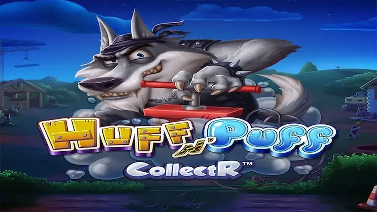 Tampilan visual permainan slot Huff N' Puff CollectR dengan karakter babi dan serigala