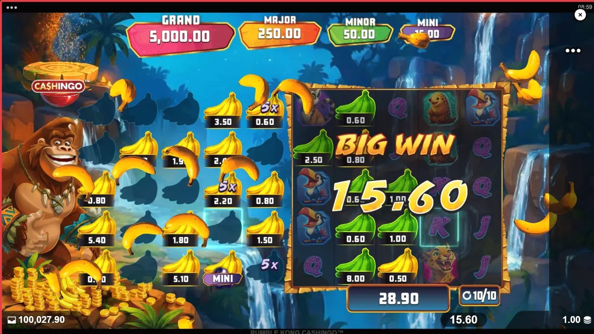 Rumble Kong Cashingo slot machine interface with neon city background
